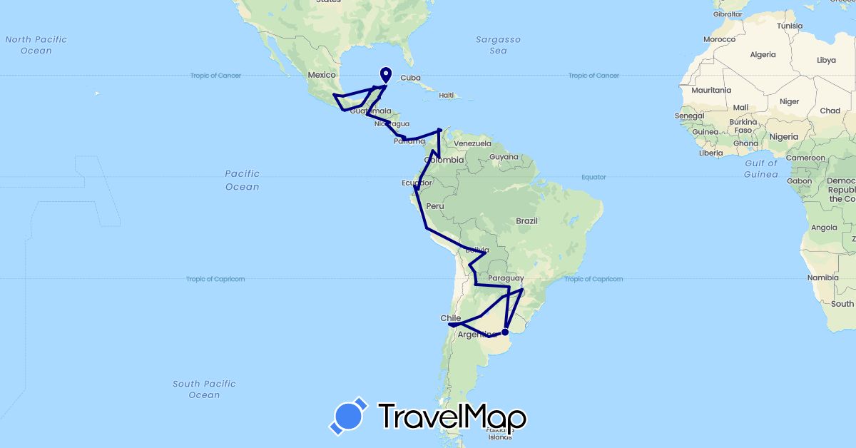 TravelMap itinerary: driving in Argentina, Bolivia, Chile, Colombia, Costa Rica, Ecuador, Guatemala, Mexico, Nicaragua, Panama, Peru, Paraguay (North America, South America)